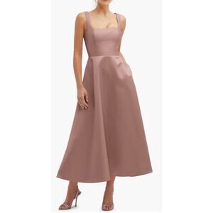 Dessy Collection Square Neck Sateen Midi Gown 3140 Nude Beige New $248 Size 16